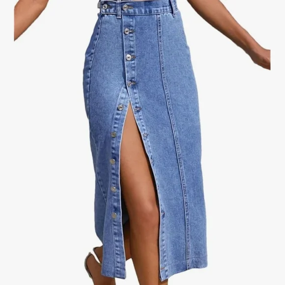Women's High Waisted Washed Button Denim Long Skirt Side Split - Picture 2 of 4